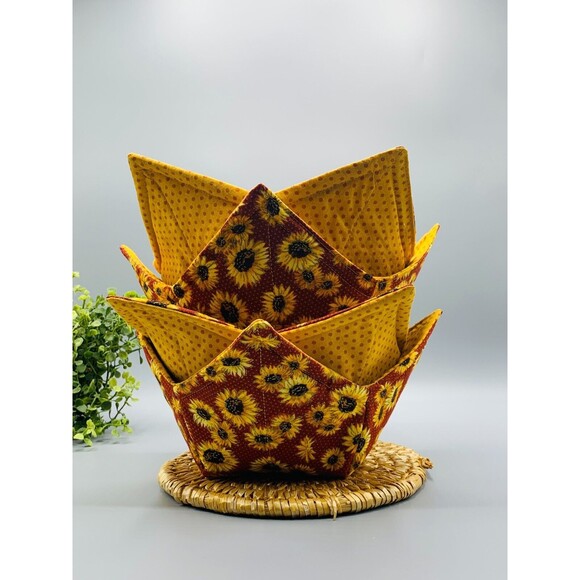 Microwave Bowl Cozy Reversible, Metallic Sunflowers, Gift Set of 3! - Picture 5 of 8